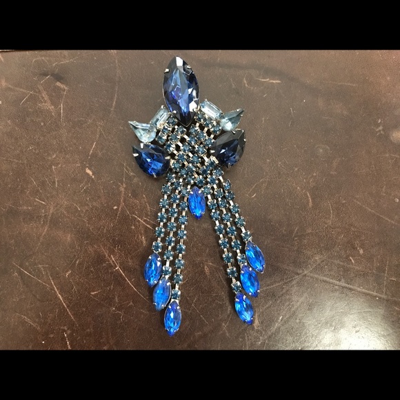 Vintage brooch earring set Blue Rhinestone Navette - Picture 3 of 8